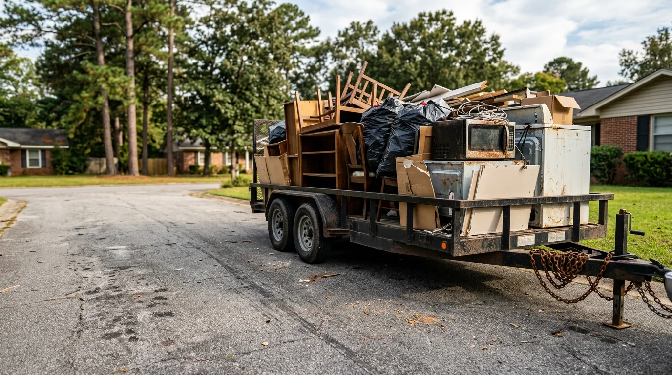 A cleared residential property in Macon, Georgia after trash removal and disposal service, with bags of waste and bulky debris fully loaded and hauled away by TMC Solutions LLC.