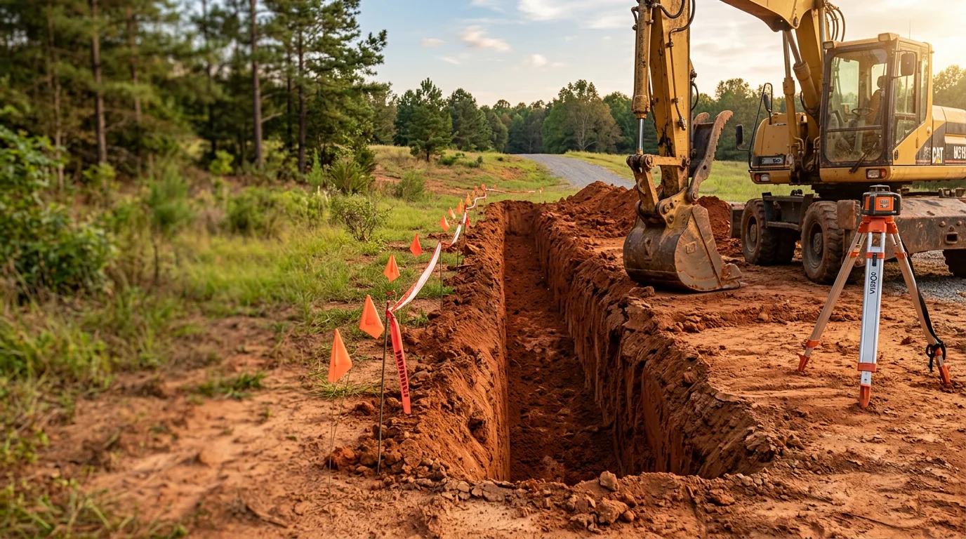 A clean, straight trench cut through red clay soil on a residential property in Macon, Georgia, prepared for underground utility line installation. The surrounding yard remains undisturbed alongside the open trench.