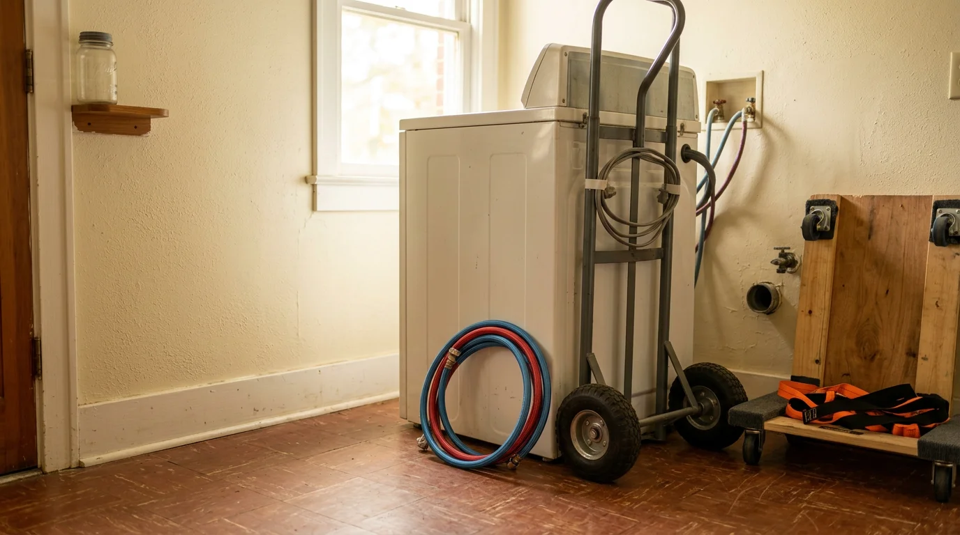 An old top-load washer and dryer being loaded onto a hauling truck outside a single-family home in Macon, Georgia. The laundry room doorway is visible in the background with the floor undamaged after removal.